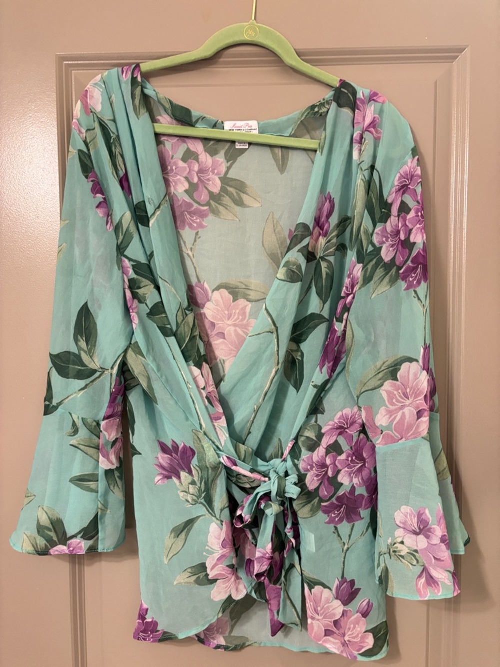 Sweet Pea by Stacy Frati Aqua Floral Tie-Front Wrap Blouse